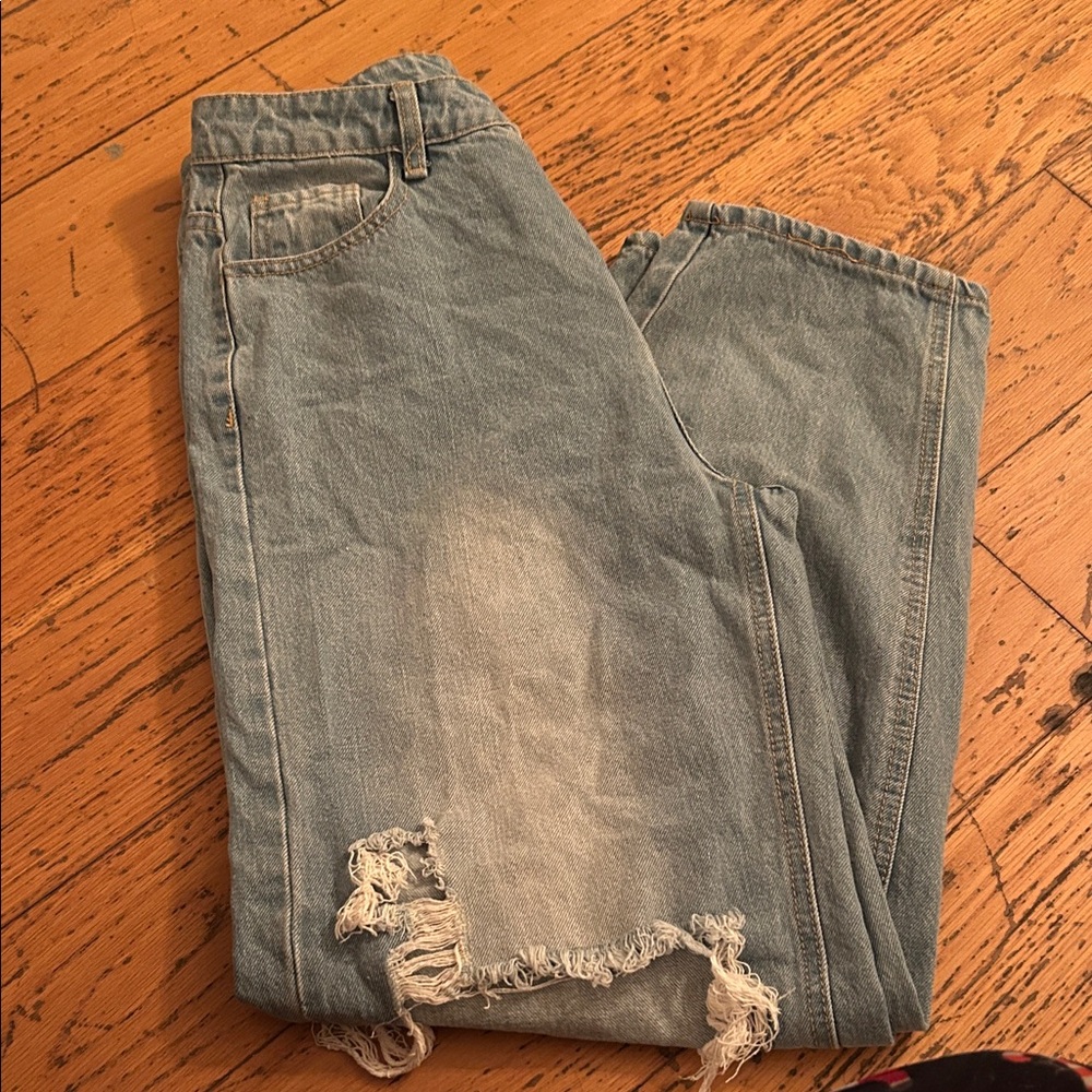 SHEIN Distressed Flare Jeans in Light Blue